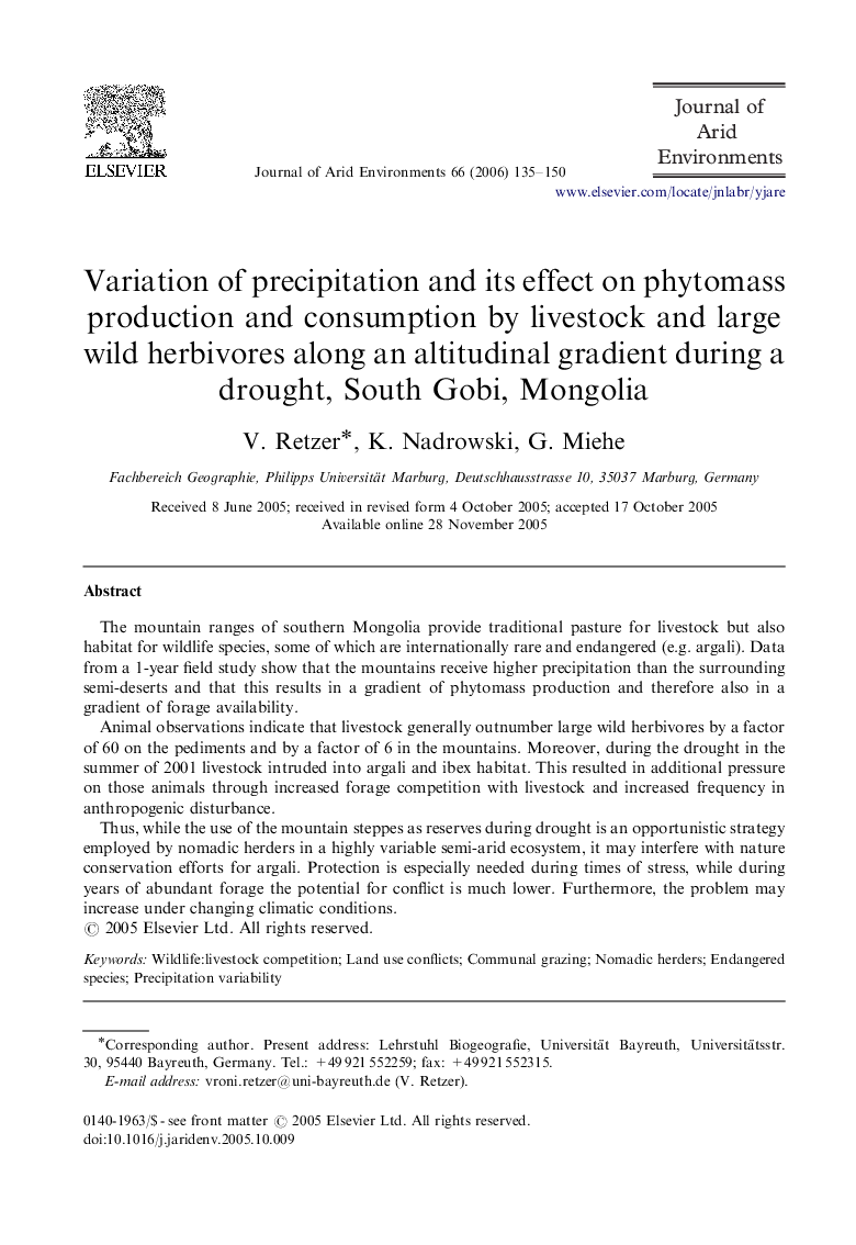 عکس صفحه اول مقاله: Variation of precipitation and its effect on phytomass production and consumption by livestock and large wild herbivores along an altitudinal gradient during a drought, South Gobi, Mongolia Variation of precipitation and its effect on phytomass production and consumption by livestock and large wild herbivores along an altitudinal gradient during a drought, South Gobi, Mongolia