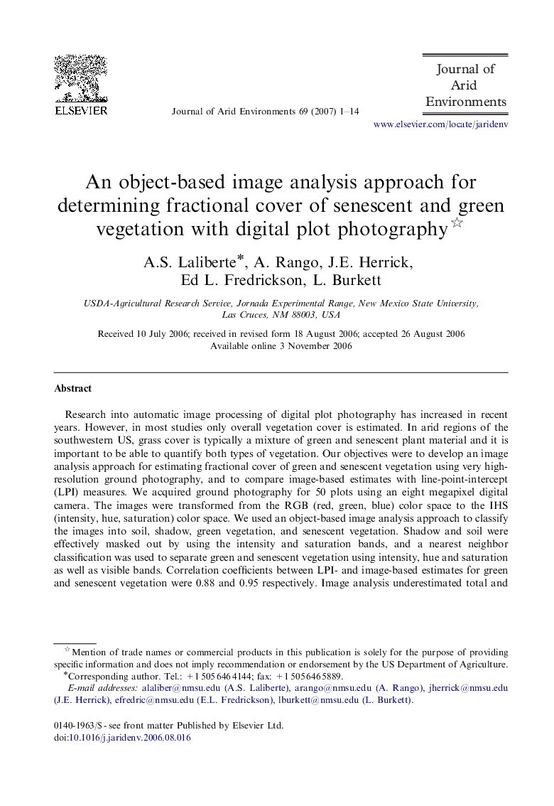 An object-based image analysis approach for determining fractional cover of senescent and green vegetation with digital plot photography 
