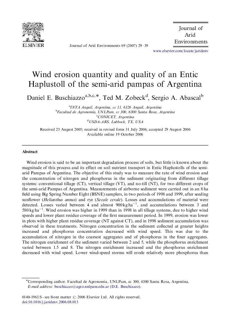 Wind erosion quantity and quality of an Entic Haplustoll of the semi-arid pampas of Argentina