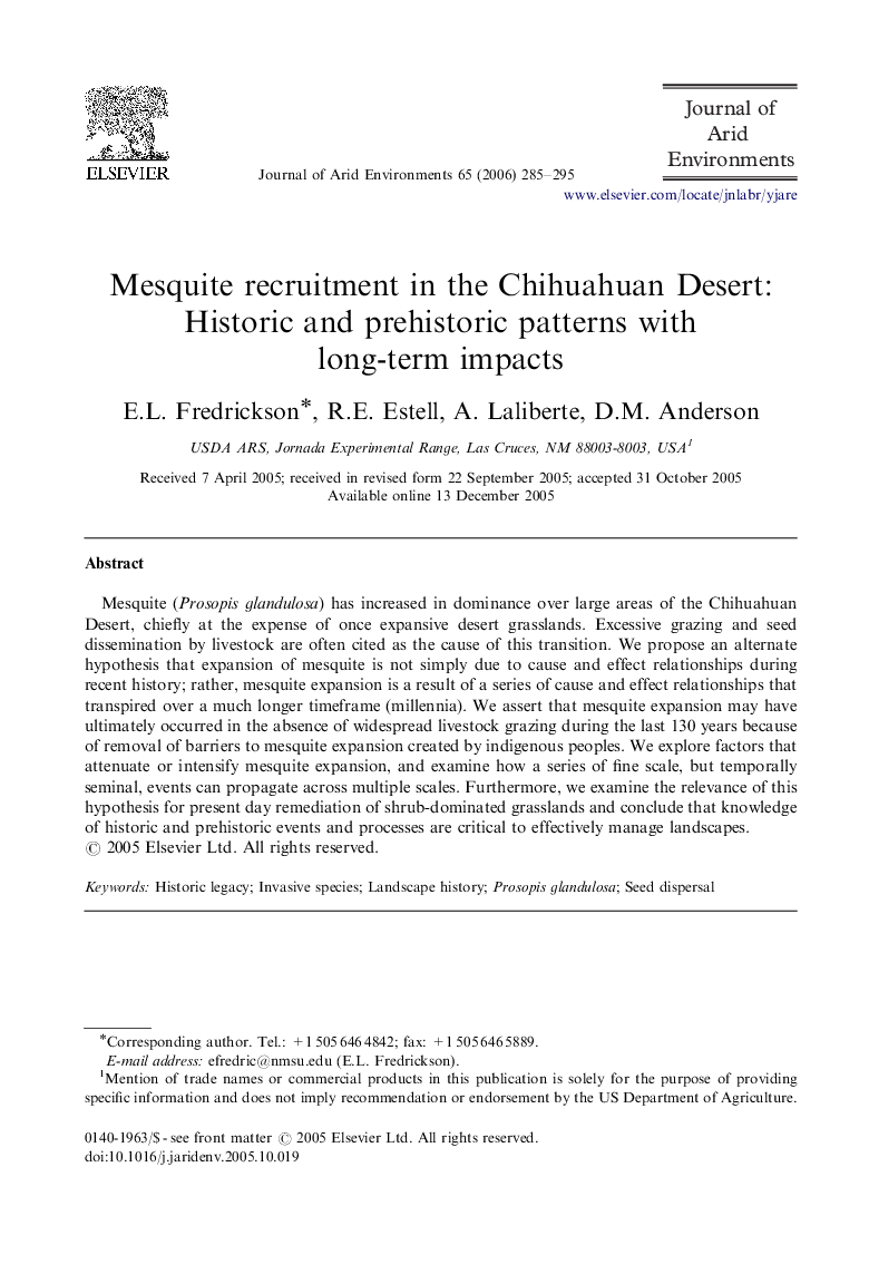Mesquite recruitment in the Chihuahuan Desert: Historic and prehistoric patterns with long-term impacts