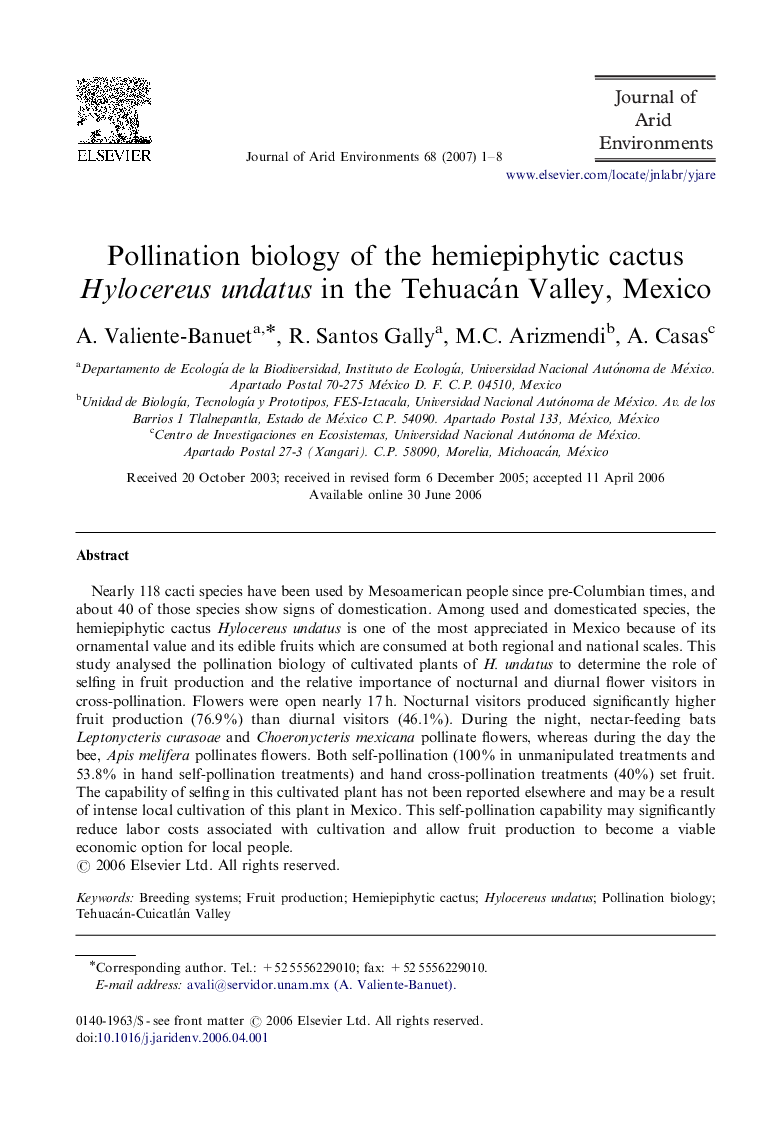 Pollination biology of the hemiepiphytic cactus Hylocereus undatus in the Tehuacán Valley, Mexico