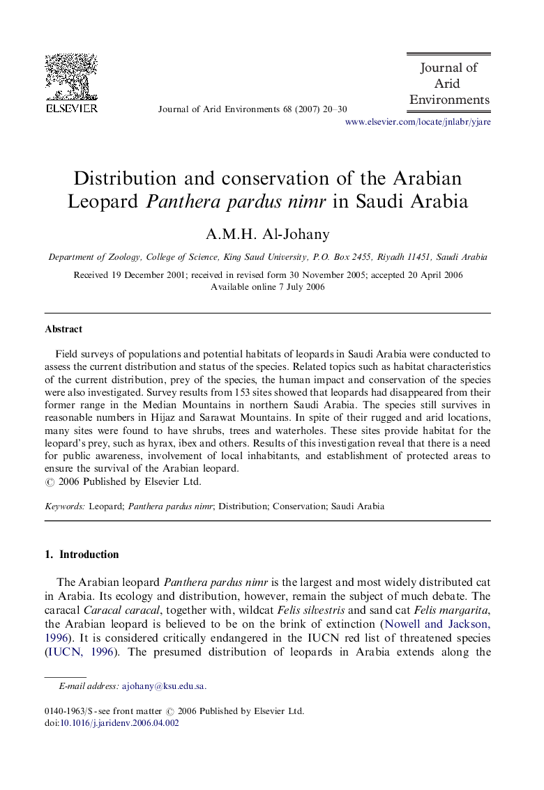 Distribution and conservation of the Arabian Leopard Panthera pardus nimr in Saudi Arabia