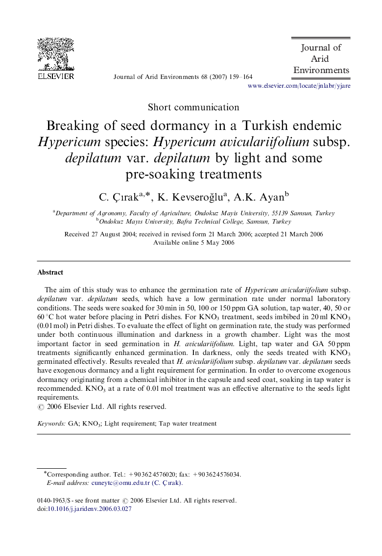 Breaking of seed dormancy in a Turkish endemic Hypericum species: Hypericum aviculariifolium subsp. depilatum var. depilatum by light and some pre-soaking treatments