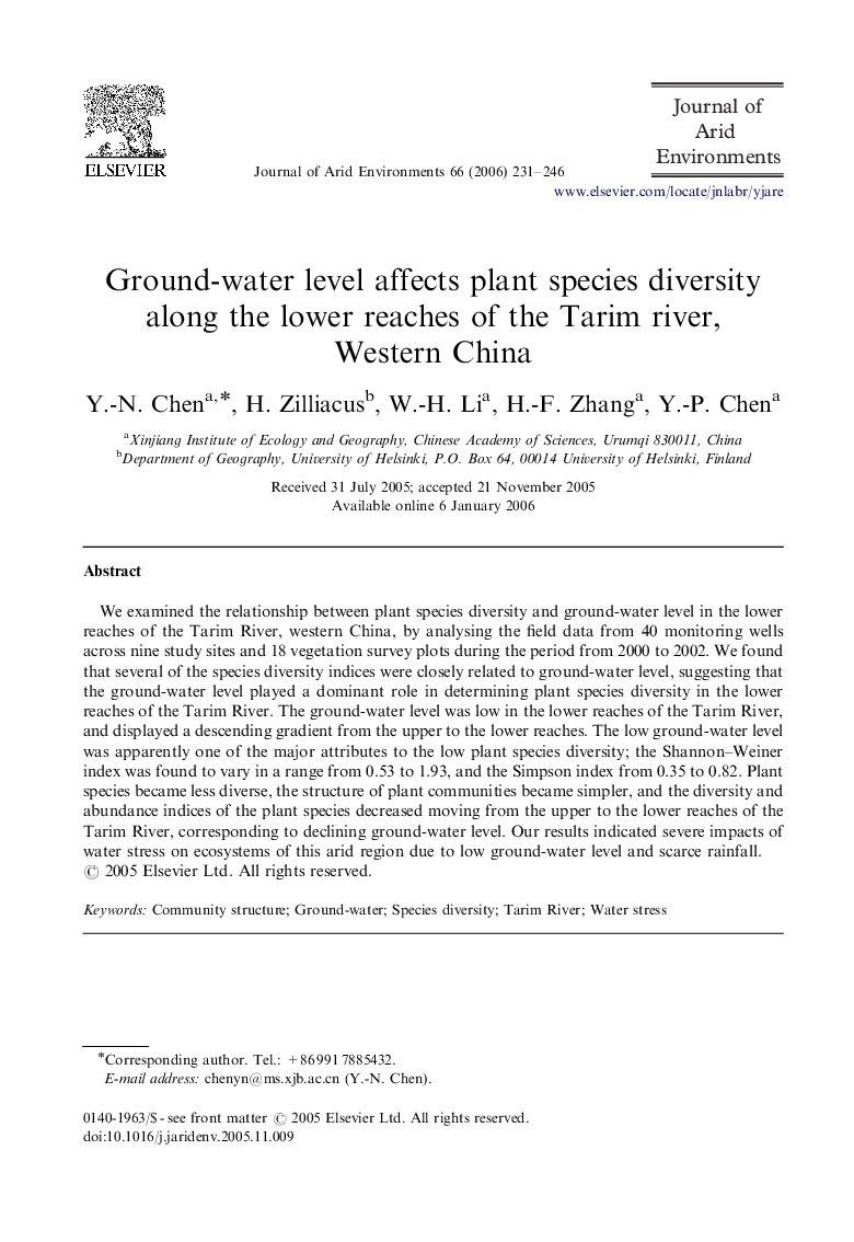 Ground-water level affects plant species diversity along the lower reaches of the Tarim river, Western China