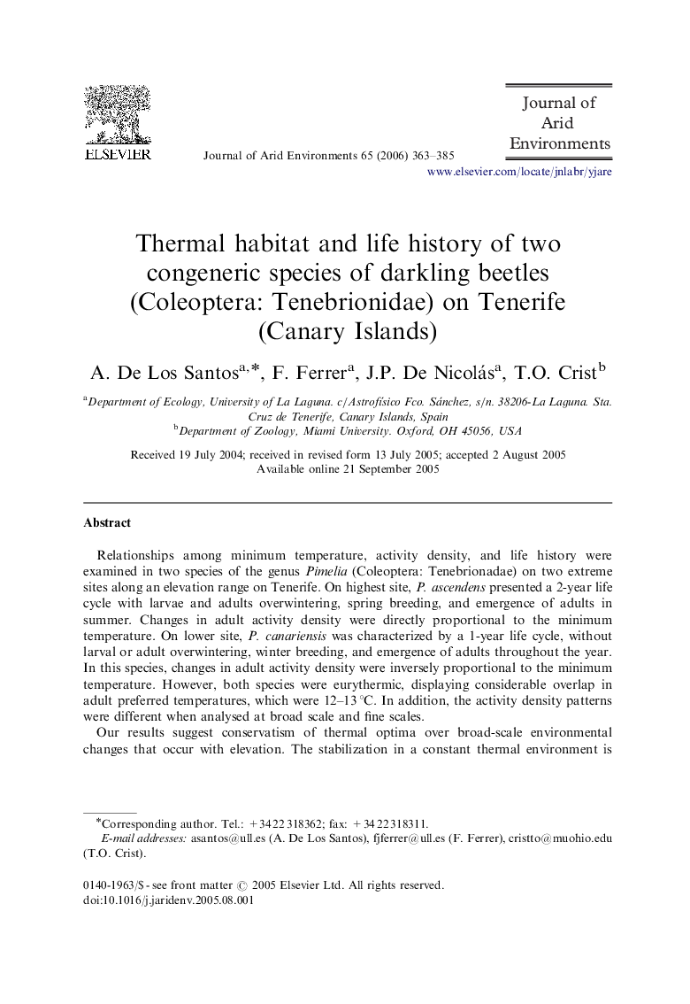 Thermal habitat and life history of two congeneric species of darkling beetles (Coleoptera: Tenebrionidae) on Tenerife (Canary Islands)