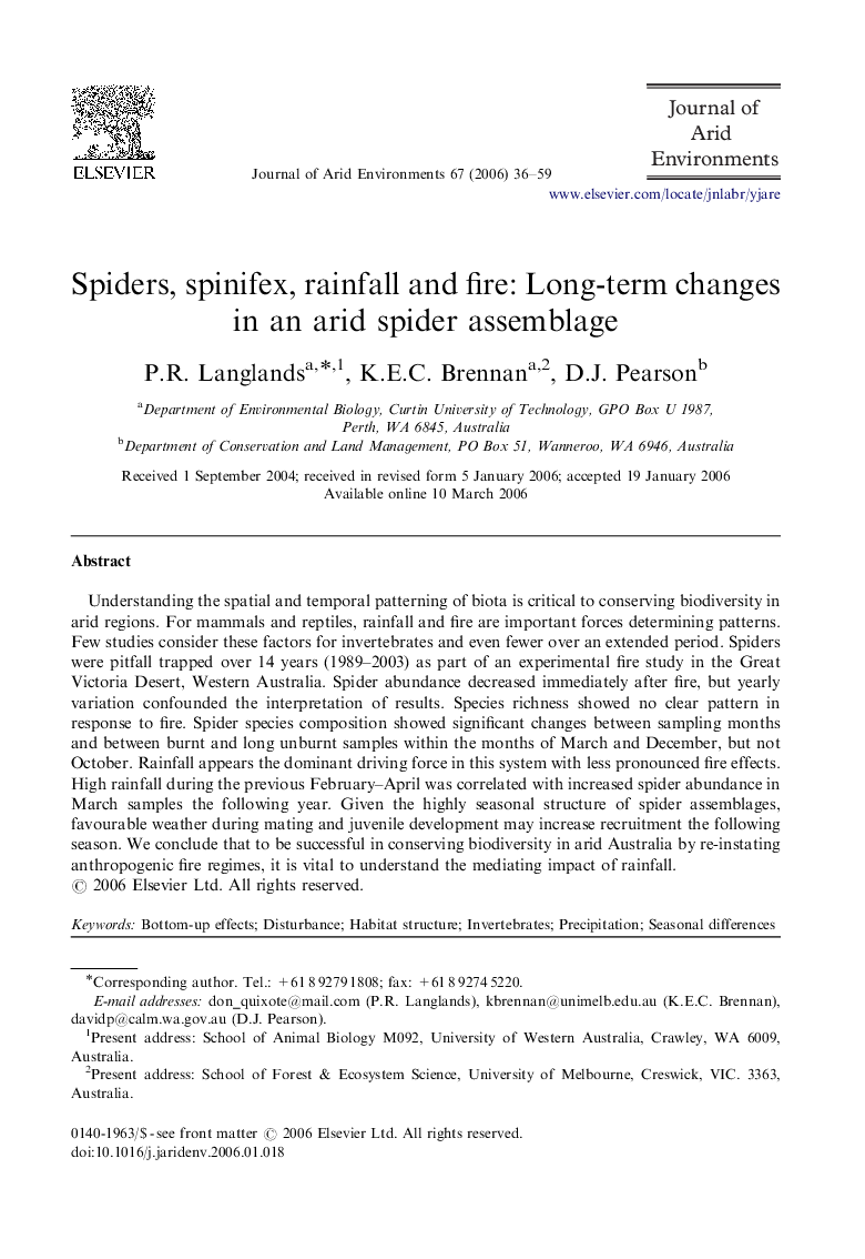 Spiders, spinifex, rainfall and fire: Long-term changes in an arid spider assemblage