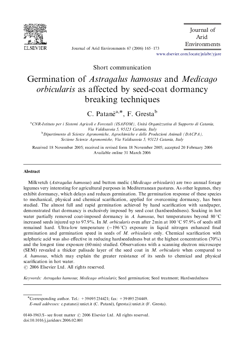 Germination of Astragalus hamosus and Medicago orbicularis as affected by seed-coat dormancy breaking techniques