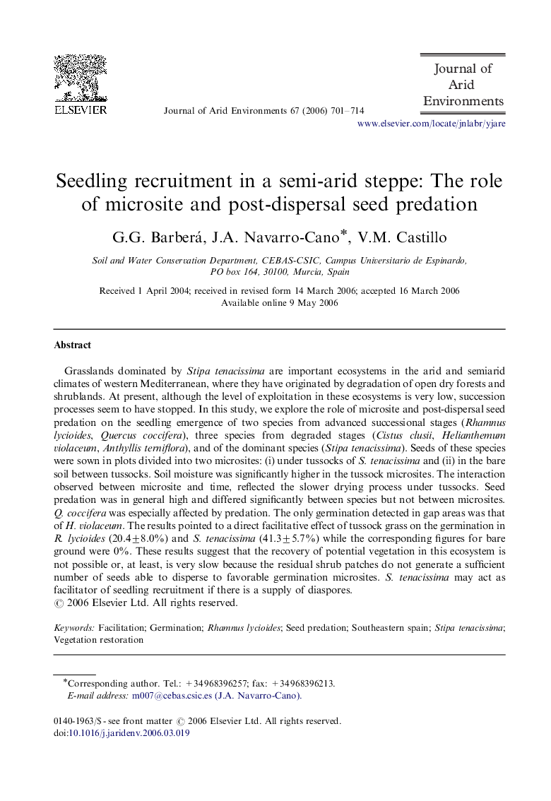 Seedling recruitment in a semi-arid steppe: The role of microsite and post-dispersal seed predation