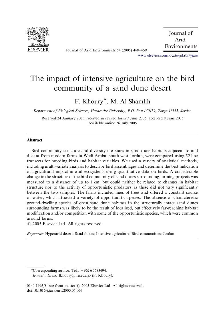 The impact of intensive agriculture on the bird community of a sand dune desert