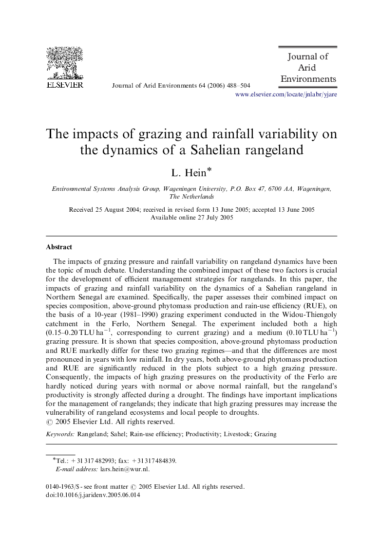 The impacts of grazing and rainfall variability on the dynamics of a Sahelian rangeland