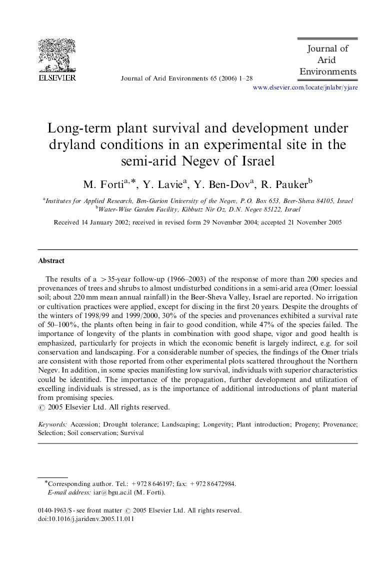 Long-term plant survival and development under dryland conditions in an experimental site in the semi-arid Negev of Israel