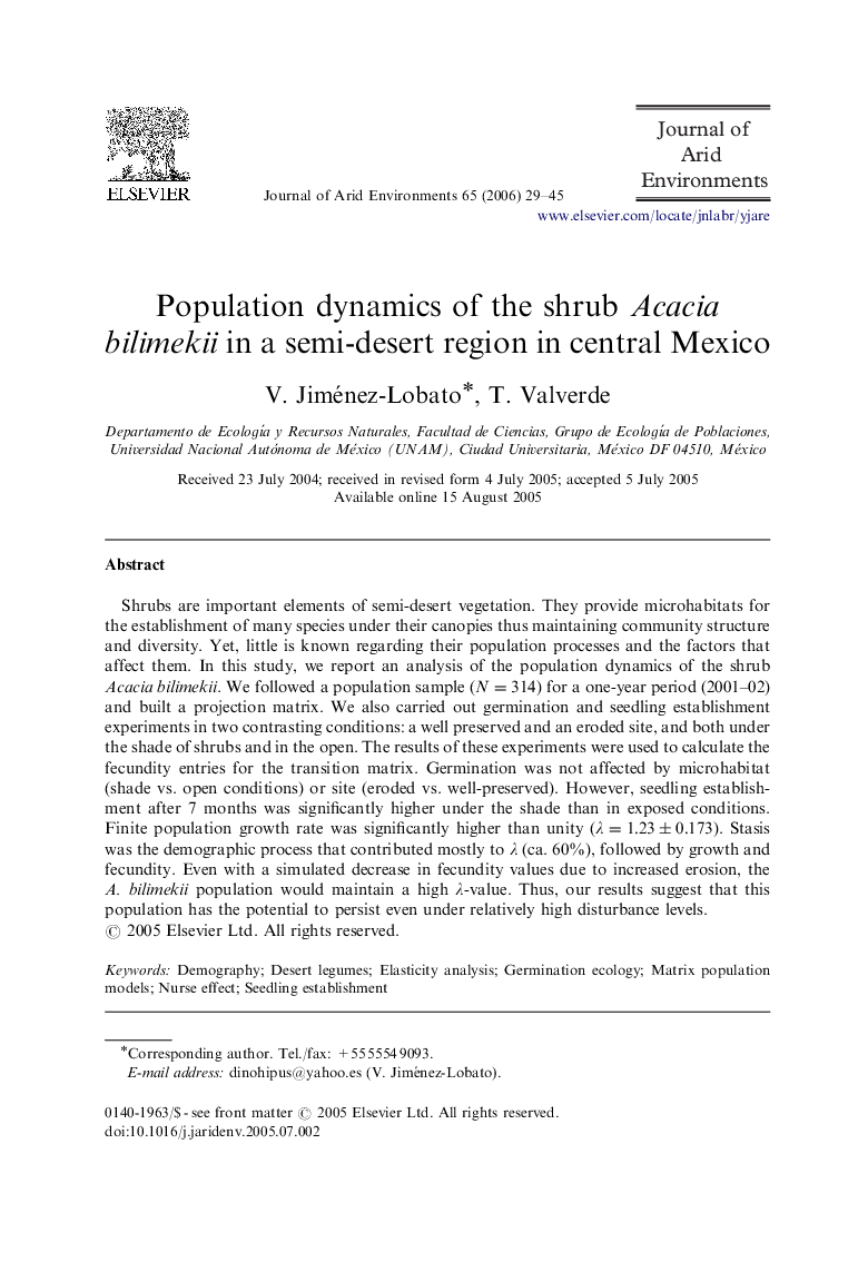 Population dynamics of the shrub Acacia bilimekii in a semi-desert region in central Mexico