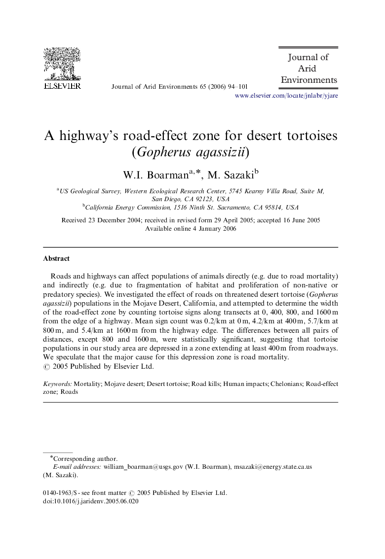 A highway's road-effect zone for desert tortoises (Gopherus agassizii)