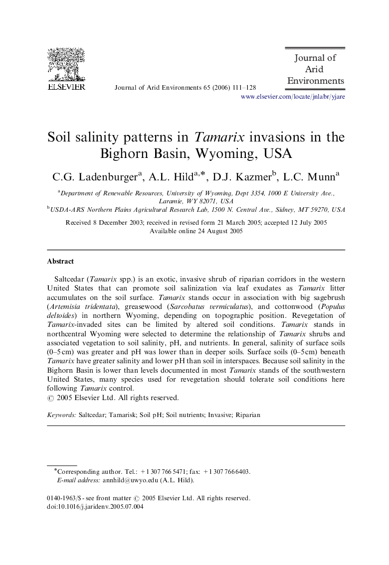 Soil salinity patterns in Tamarix invasions in the Bighorn Basin, Wyoming, USA