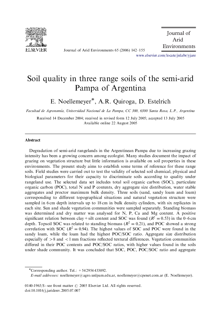 Soil quality in three range soils of the semi-arid Pampa of Argentina