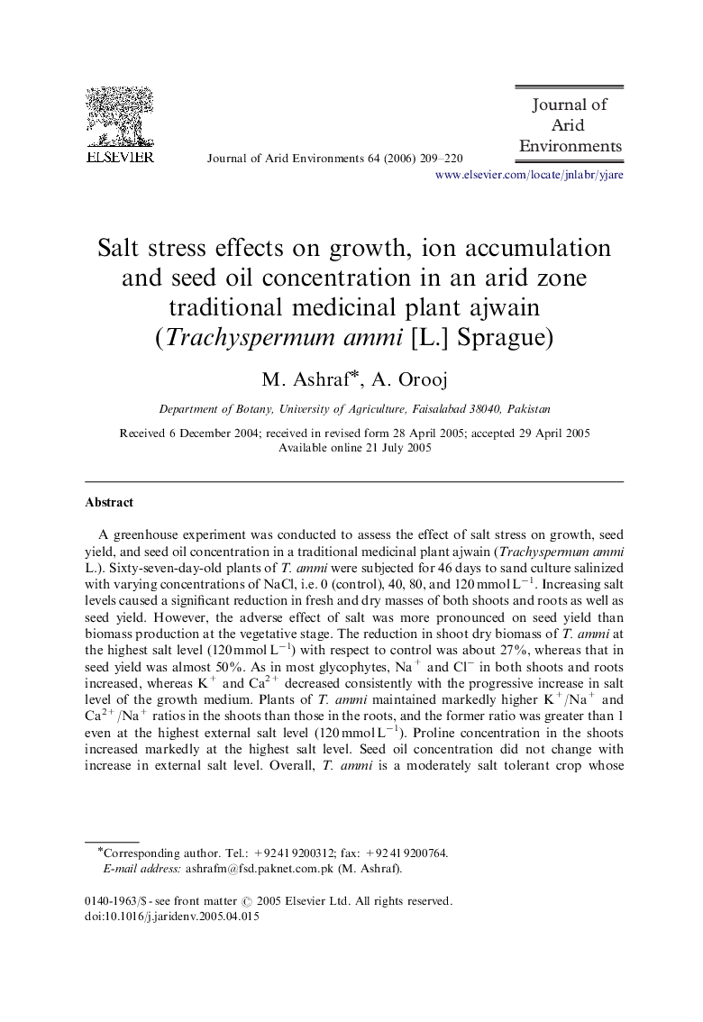 Salt stress effects on growth, ion accumulation and seed oil concentration in an arid zone traditional medicinal plant ajwain (Trachyspermum ammi [L.] Sprague)