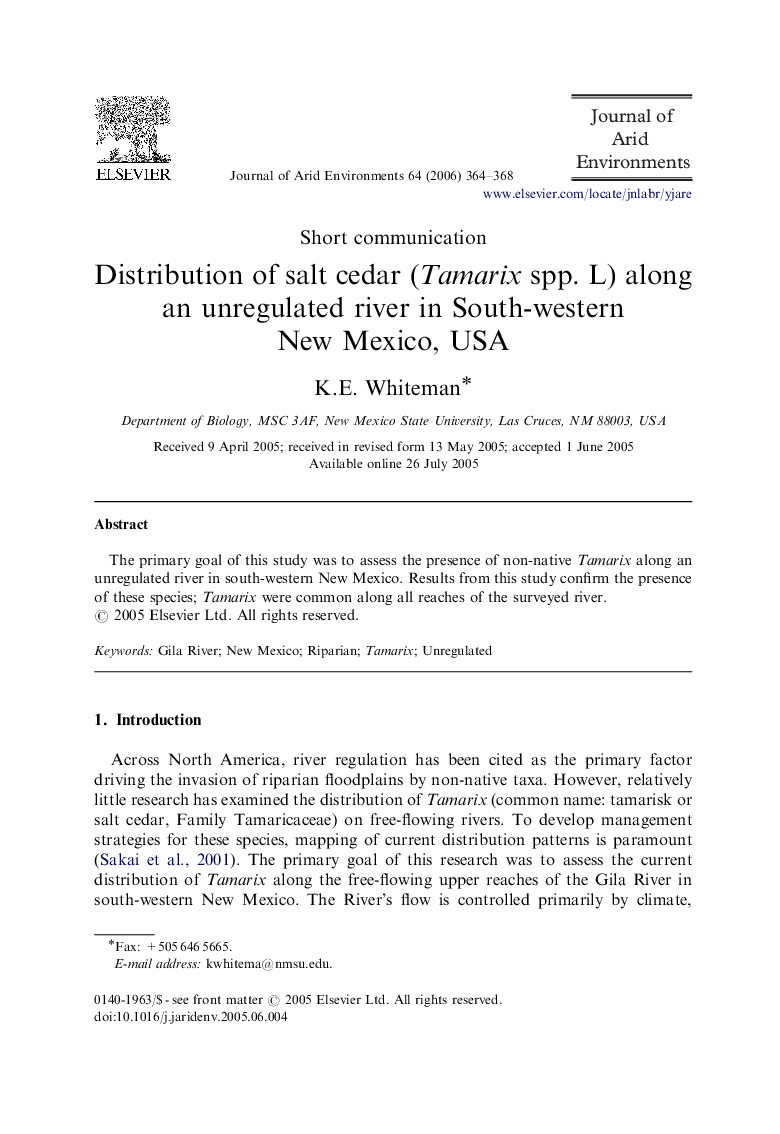 Distribution of salt cedar (Tamarix spp. L) along an unregulated river in South-western New Mexico, USA