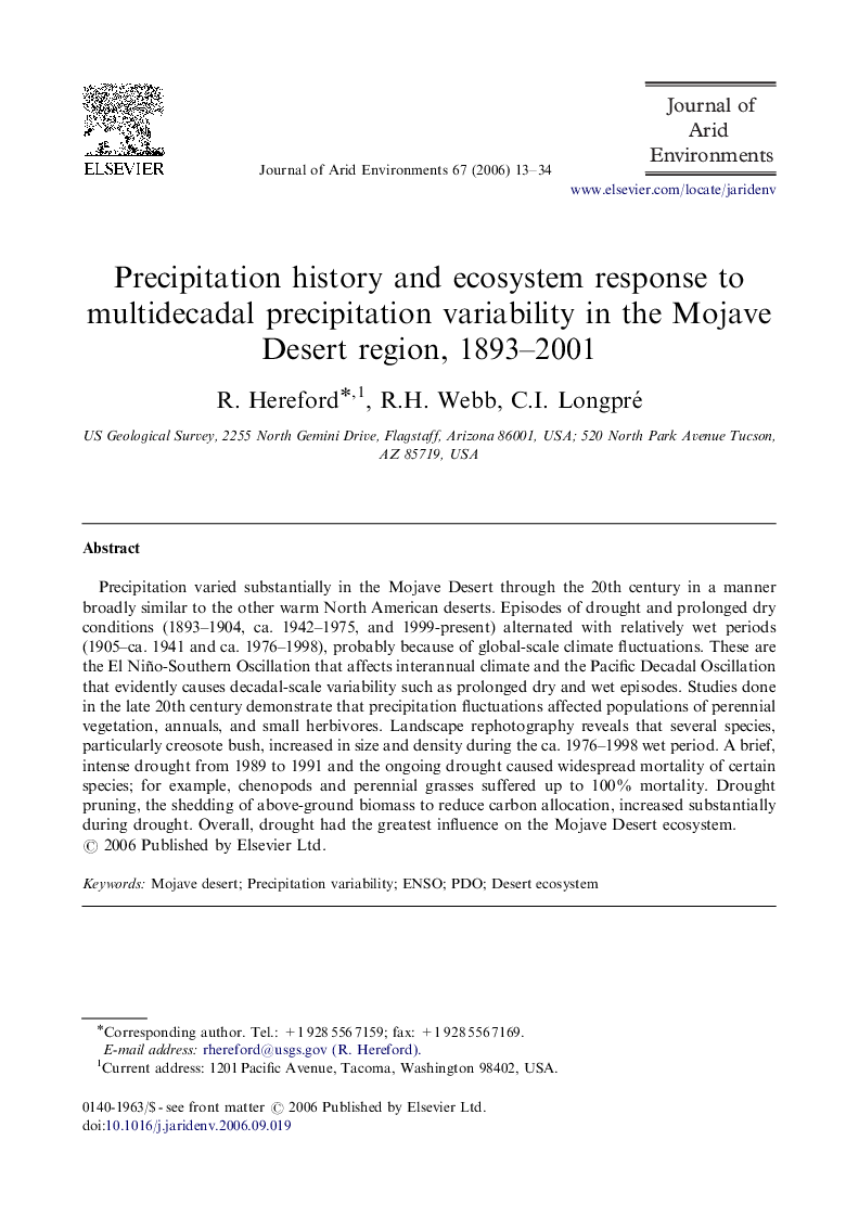 Precipitation history and ecosystem response to multidecadal precipitation variability in the Mojave Desert region, 1893–2001