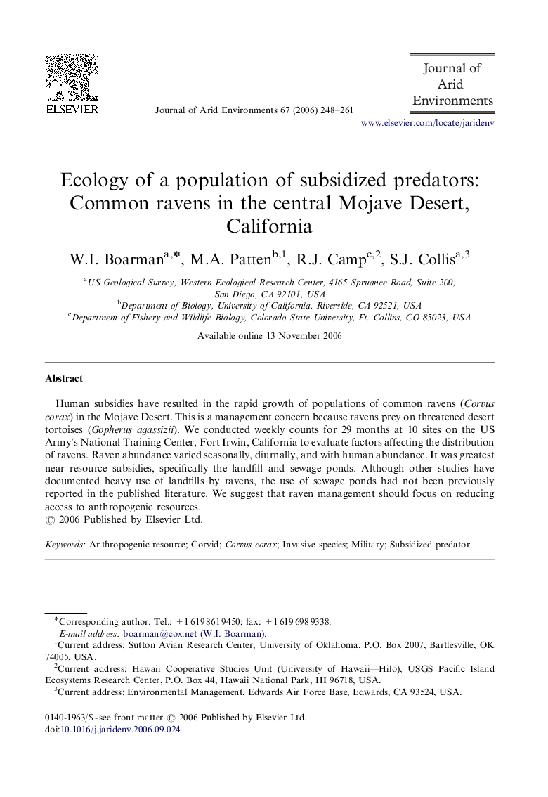 Ecology of a population of subsidized predators: Common ravens in the central Mojave Desert, California