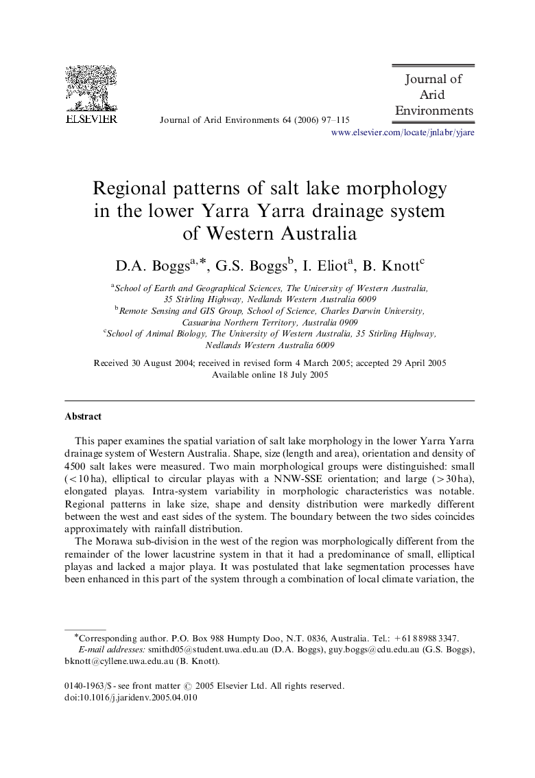 Regional patterns of salt lake morphology in the lower Yarra Yarra drainage system of Western Australia