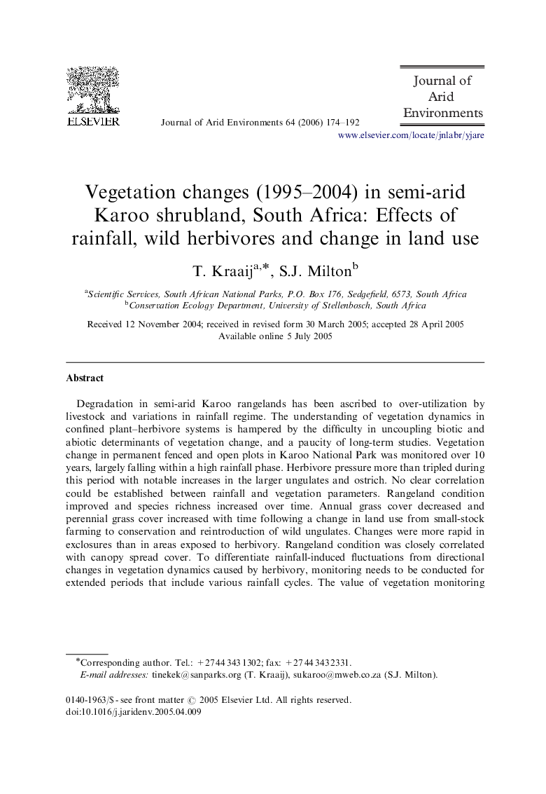 Vegetation changes (1995–2004) in semi-arid Karoo shrubland, South Africa: Effects of rainfall, wild herbivores and change in land use