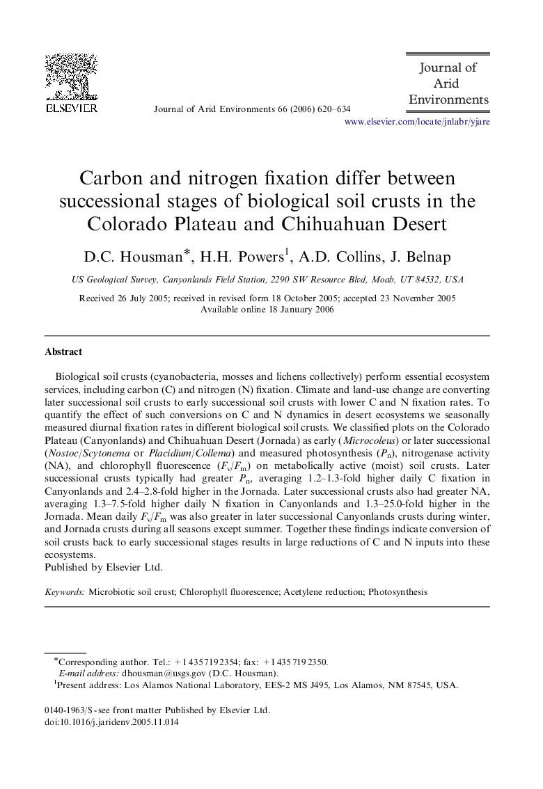 Carbon and nitrogen fixation differ between successional stages of biological soil crusts in the Colorado Plateau and Chihuahuan Desert
