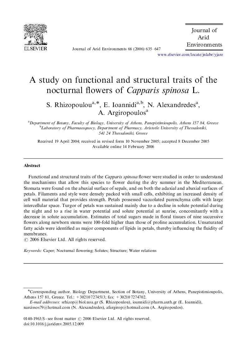 A study on functional and structural traits of the nocturnal flowers of Capparis spinosa L.