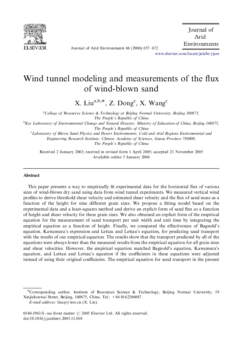 Wind tunnel modeling and measurements of the flux of wind-blown sand