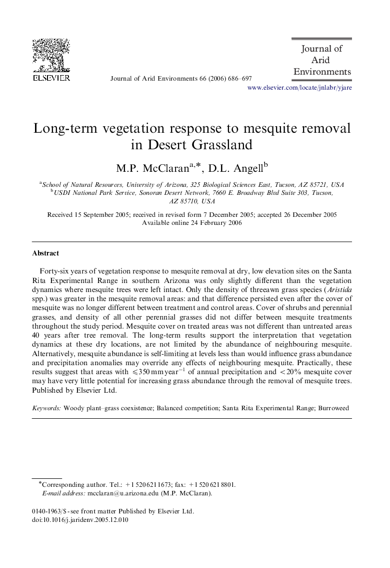 Long-term vegetation response to mesquite removal in Desert Grassland
