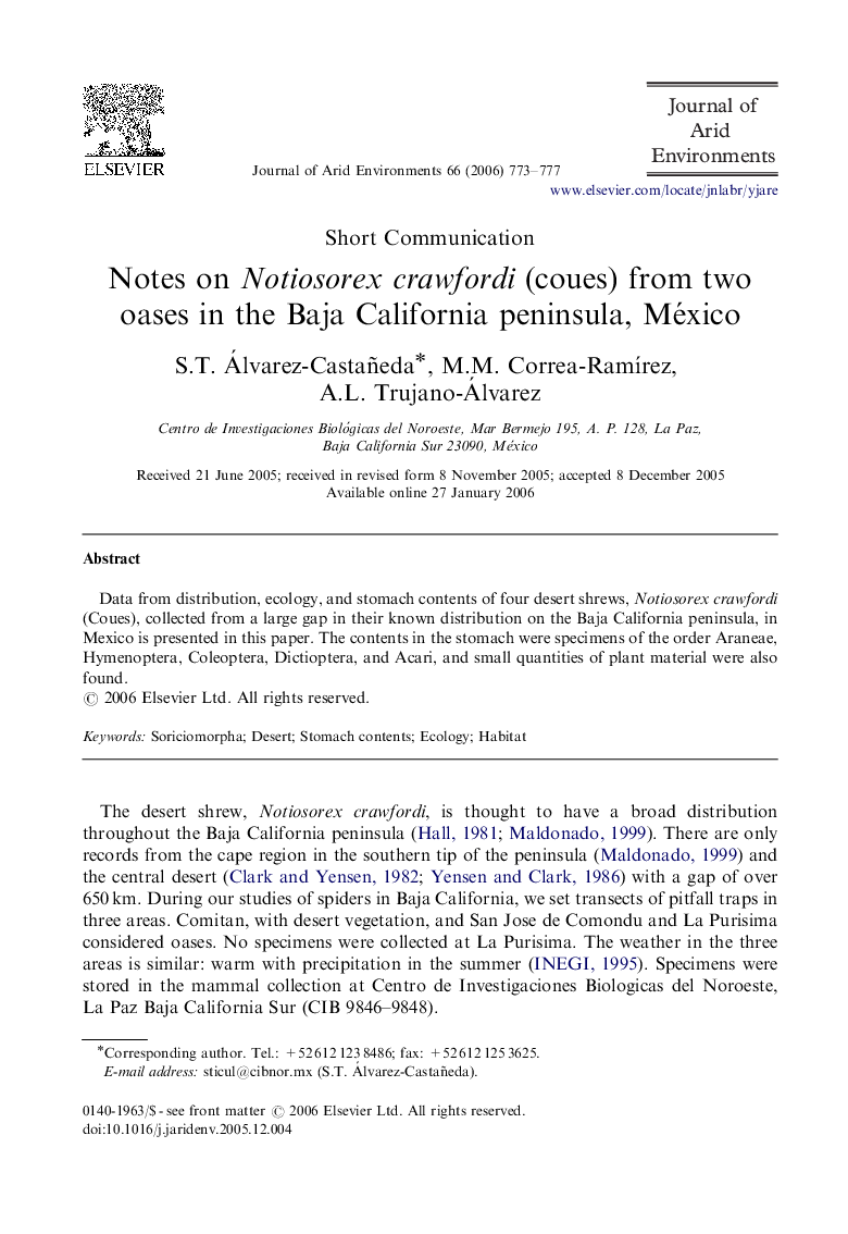 Notes on Notiosorex crawfordi (coues) from two oases in the Baja California peninsula, México