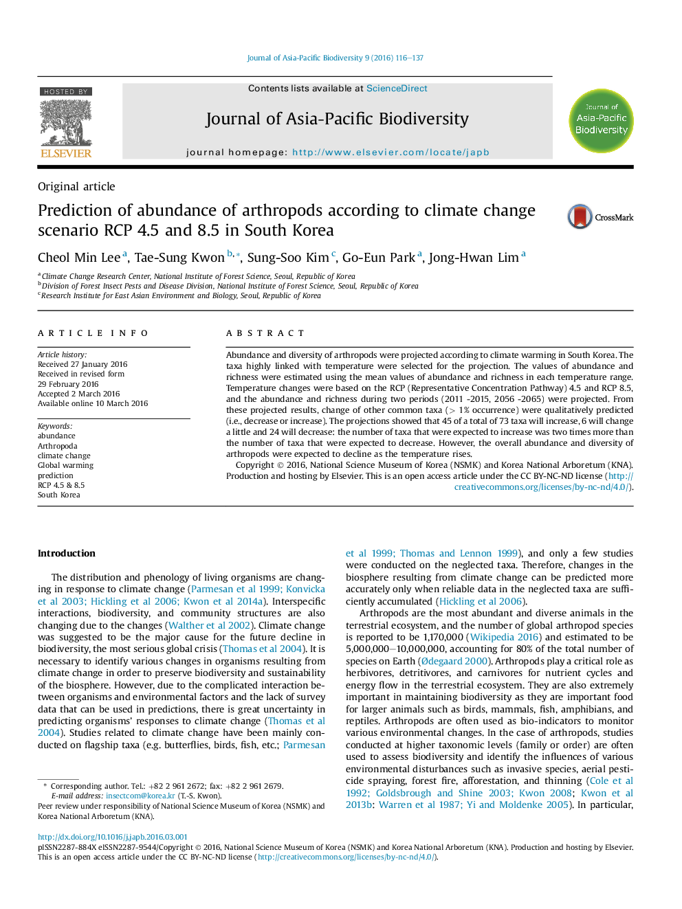 Prediction of abundance of arthropods according to climate change scenario RCP 4.5 and 8.5 in South Korea 