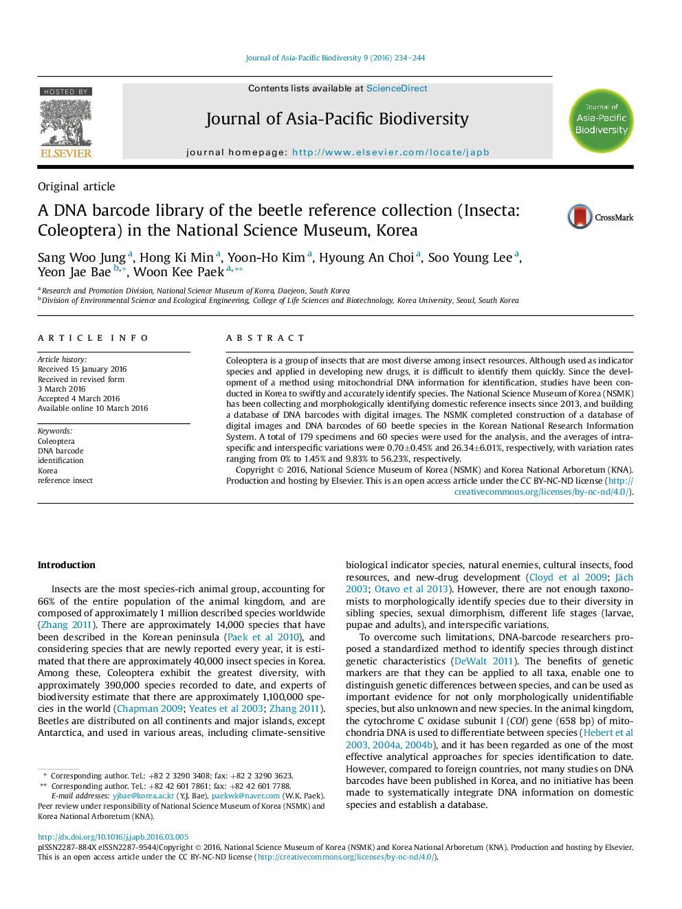 A DNA barcode library of the beetle reference collection (Insecta: Coleoptera) in the National Science Museum, Korea 