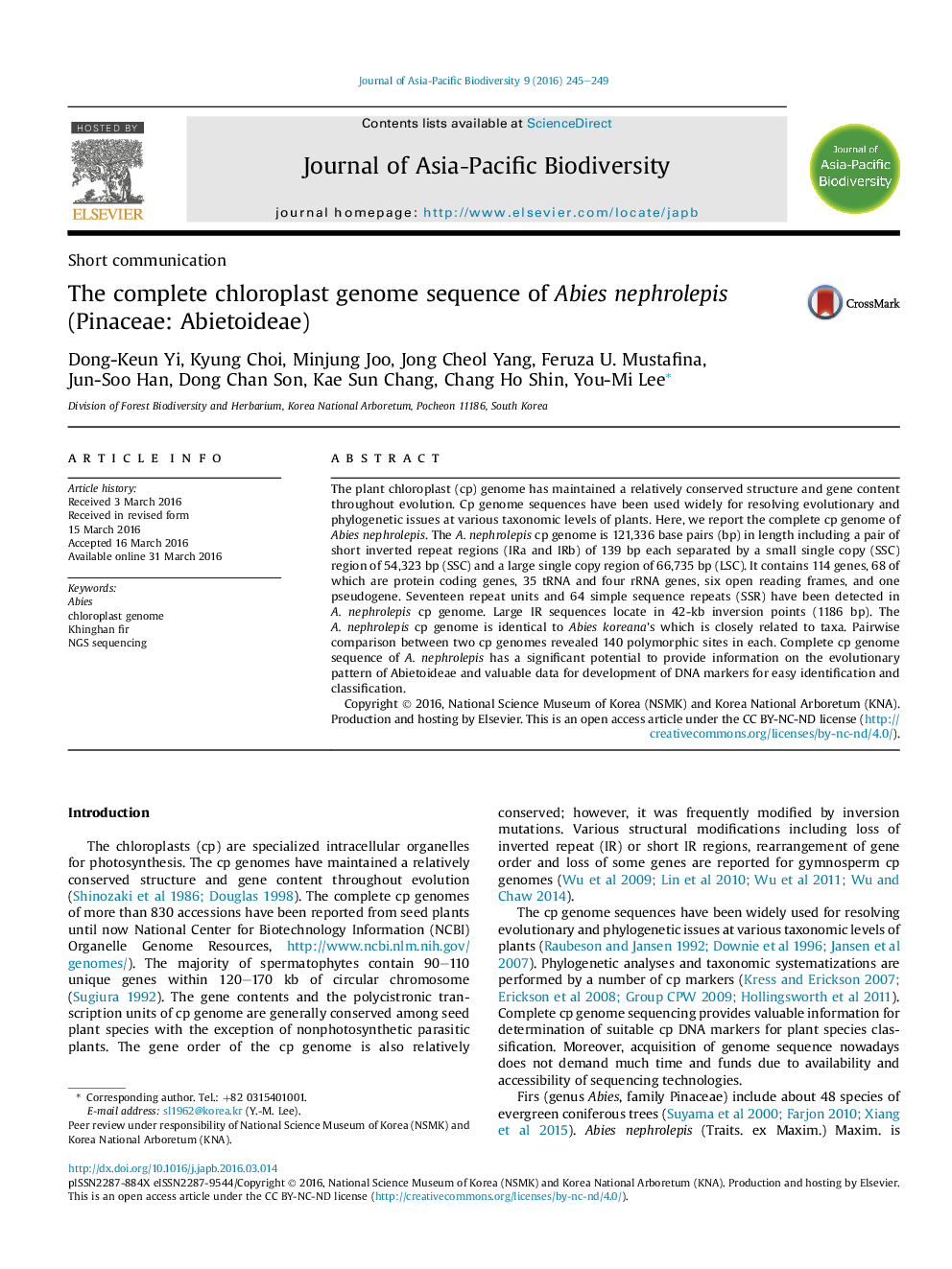 The complete chloroplast genome sequence of Abies nephrolepis (Pinaceae: Abietoideae) 