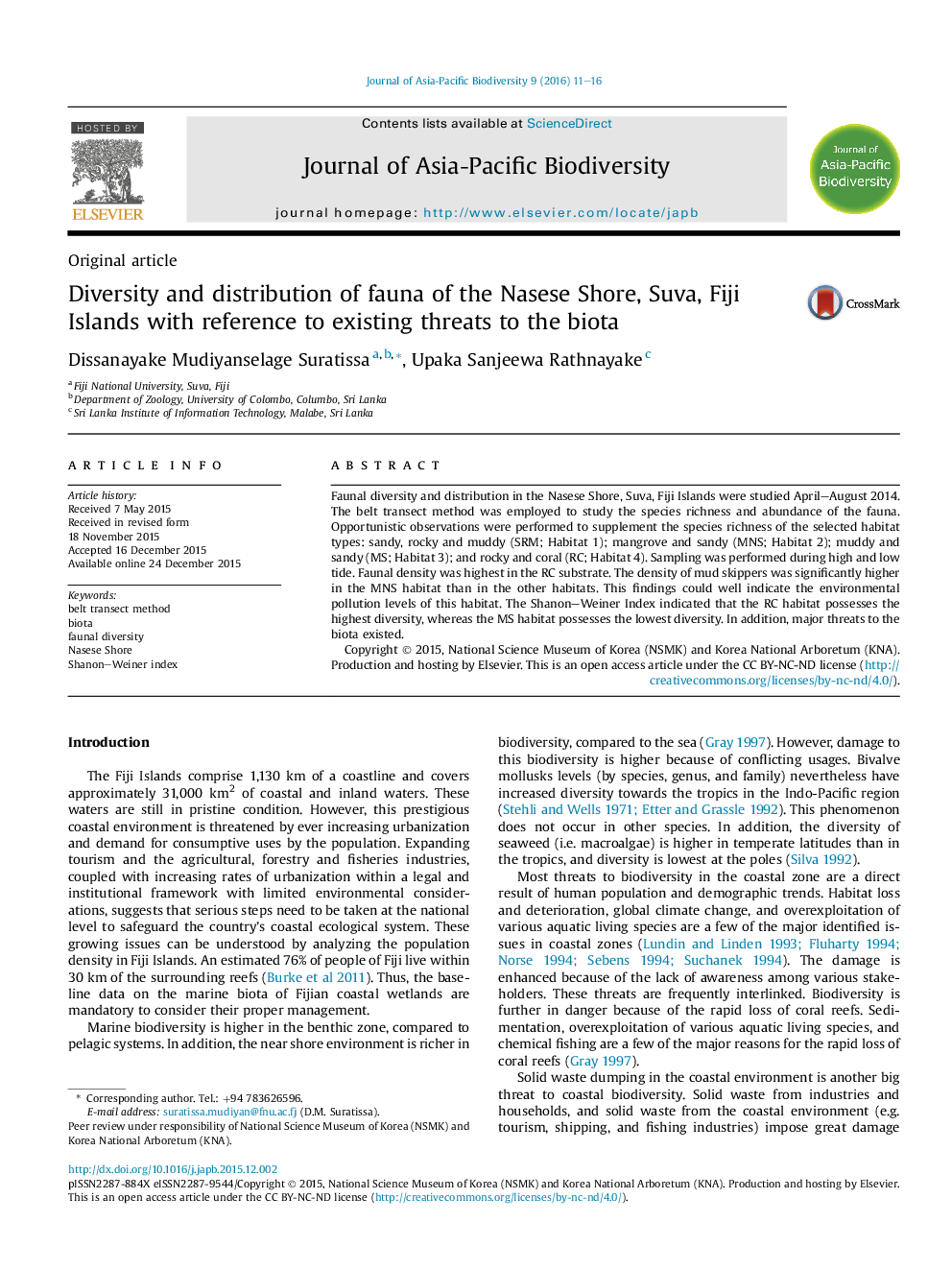 Diversity and distribution of fauna of the Nasese Shore, Suva, Fiji Islands with reference to existing threats to the biota 