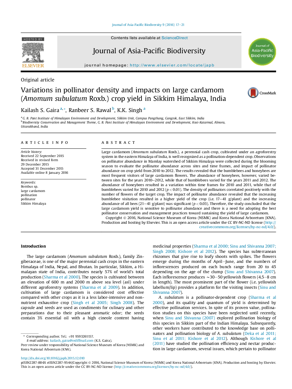 Variations in pollinator density and impacts on large cardamom (Amomum subulatum Roxb.) crop yield in Sikkim Himalaya, India 