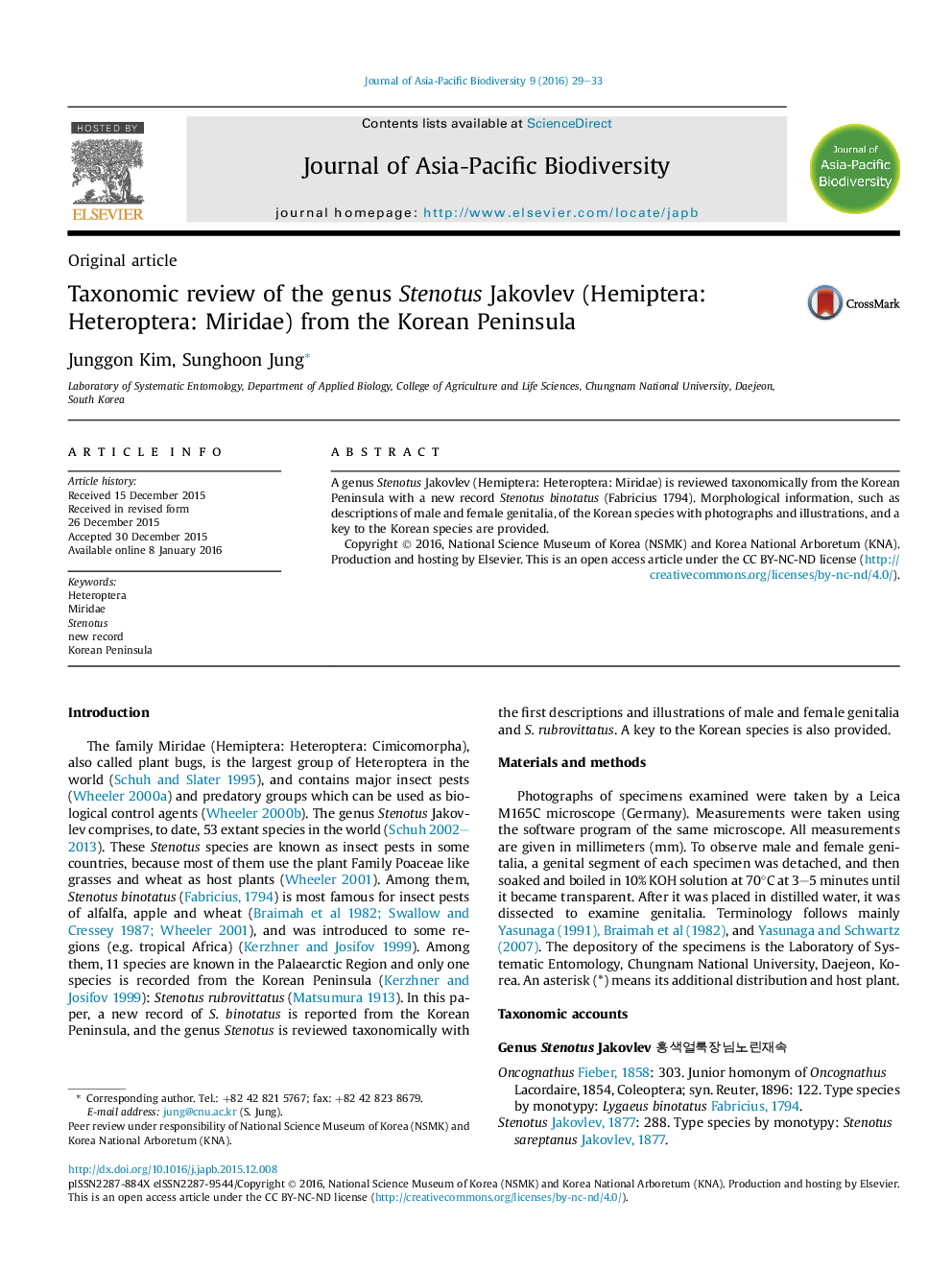 Taxonomic review of the genus Stenotus Jakovlev (Hemiptera: Heteroptera: Miridae) from the Korean Peninsula 