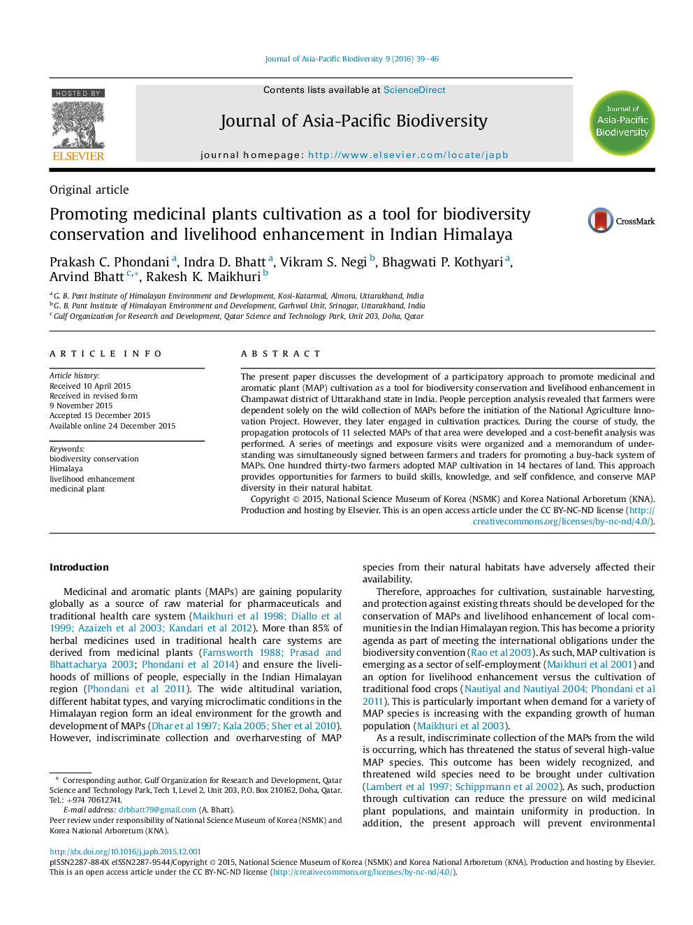 Promoting medicinal plants cultivation as a tool for biodiversity conservation and livelihood enhancement in Indian Himalaya 