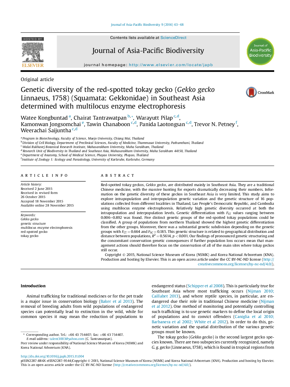 Genetic diversity of the red-spotted tokay gecko (Gekko gecko Linnaeus, 1758) (Squamata: Gekkonidae) in Southeast Asia determined with multilocus enzyme electrophoresis