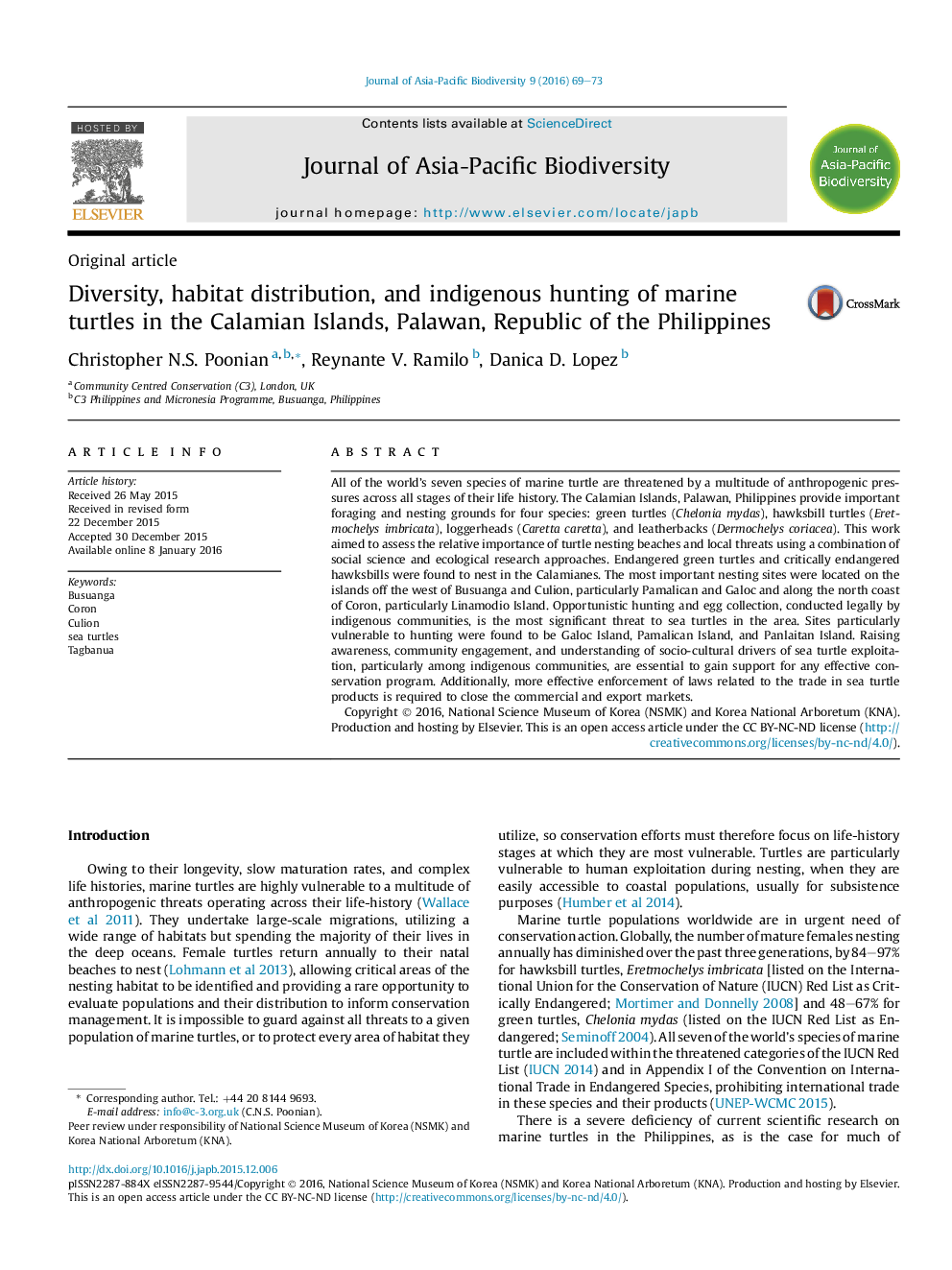 Diversity, habitat distribution, and indigenous hunting of marine turtles in the Calamian Islands, Palawan, Republic of the Philippines 