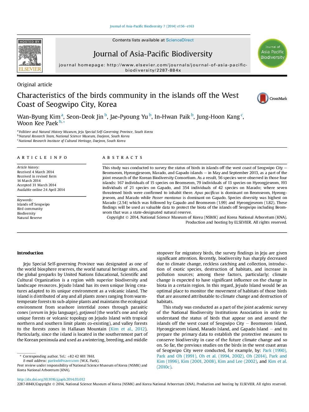 Characteristics of the birds community in the islands off the West Coast of Seogwipo City, Korea 