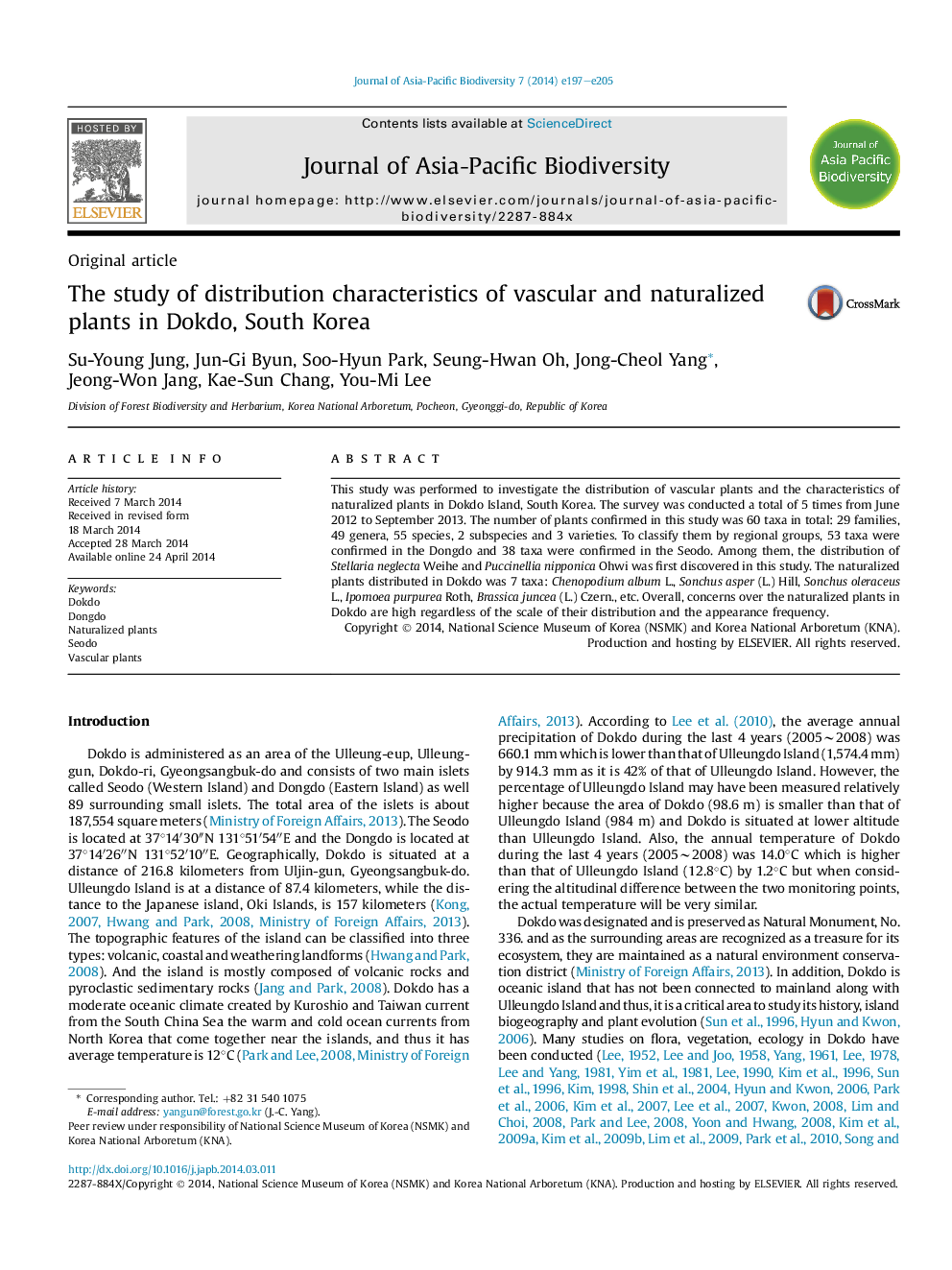 The study of distribution characteristics of vascular and naturalized plants in Dokdo, South Korea 