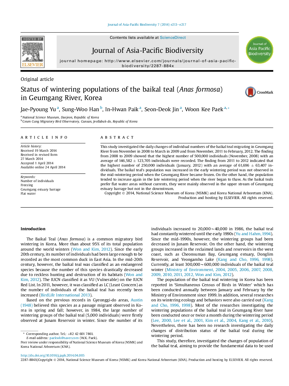 Status of wintering populations of the baikal teal (Anas formosa) in Geumgang River, Korea 