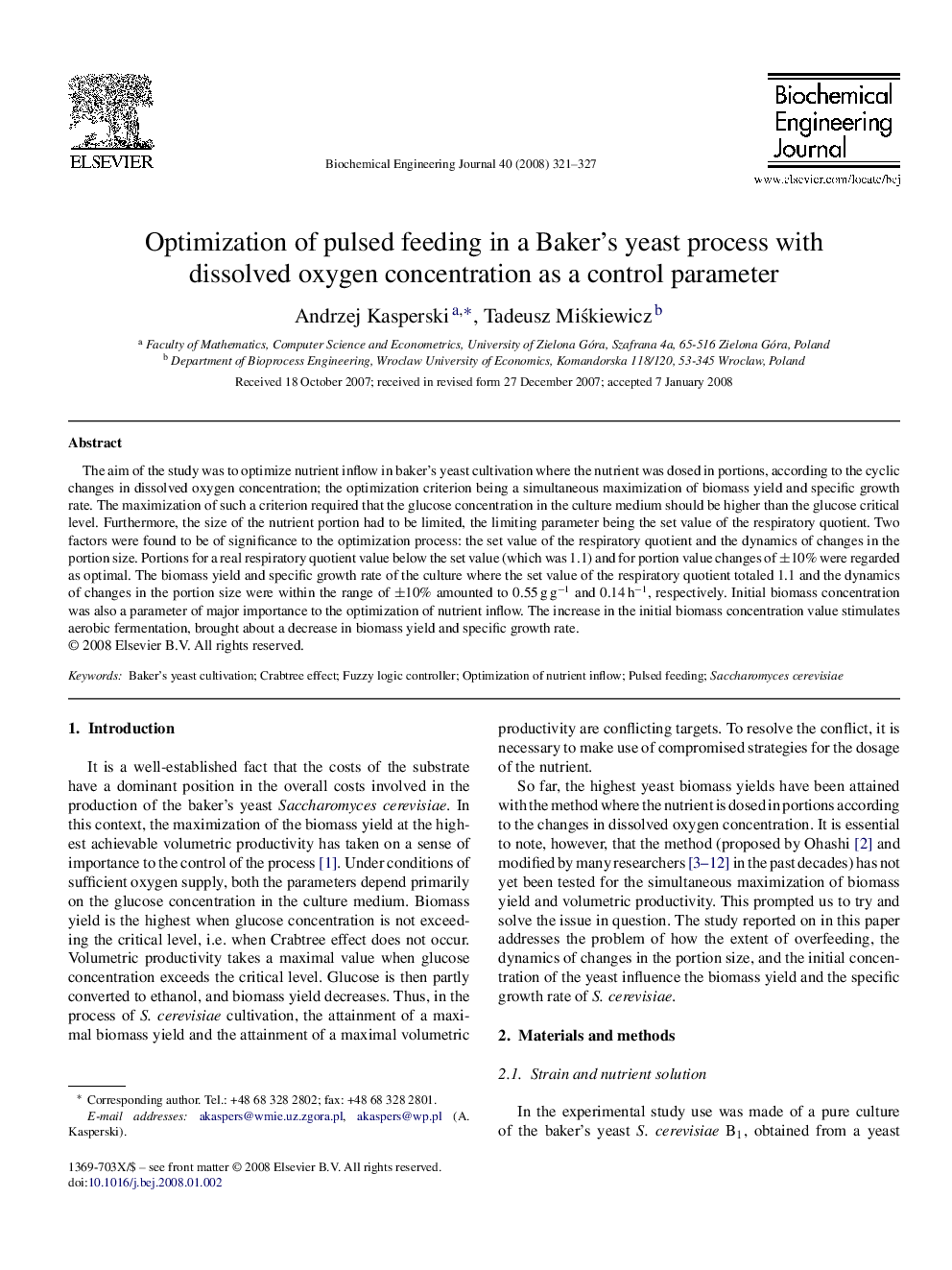 Optimization of pulsed feeding in a Baker's yeast process with dissolved oxygen concentration as a control parameter