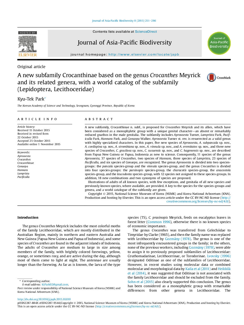 A new subfamily Crocanthinae based on the genus Crocanthes Meyrick and its related genera, with a world catalog of the subfamily (Lepidoptera, Lecithoceridae) 