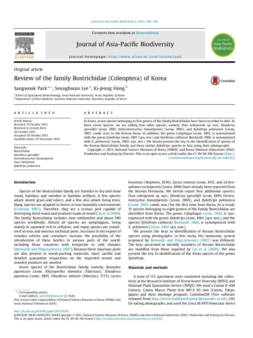 Review of the family Bostrichidae (Coleoptera) of Korea 