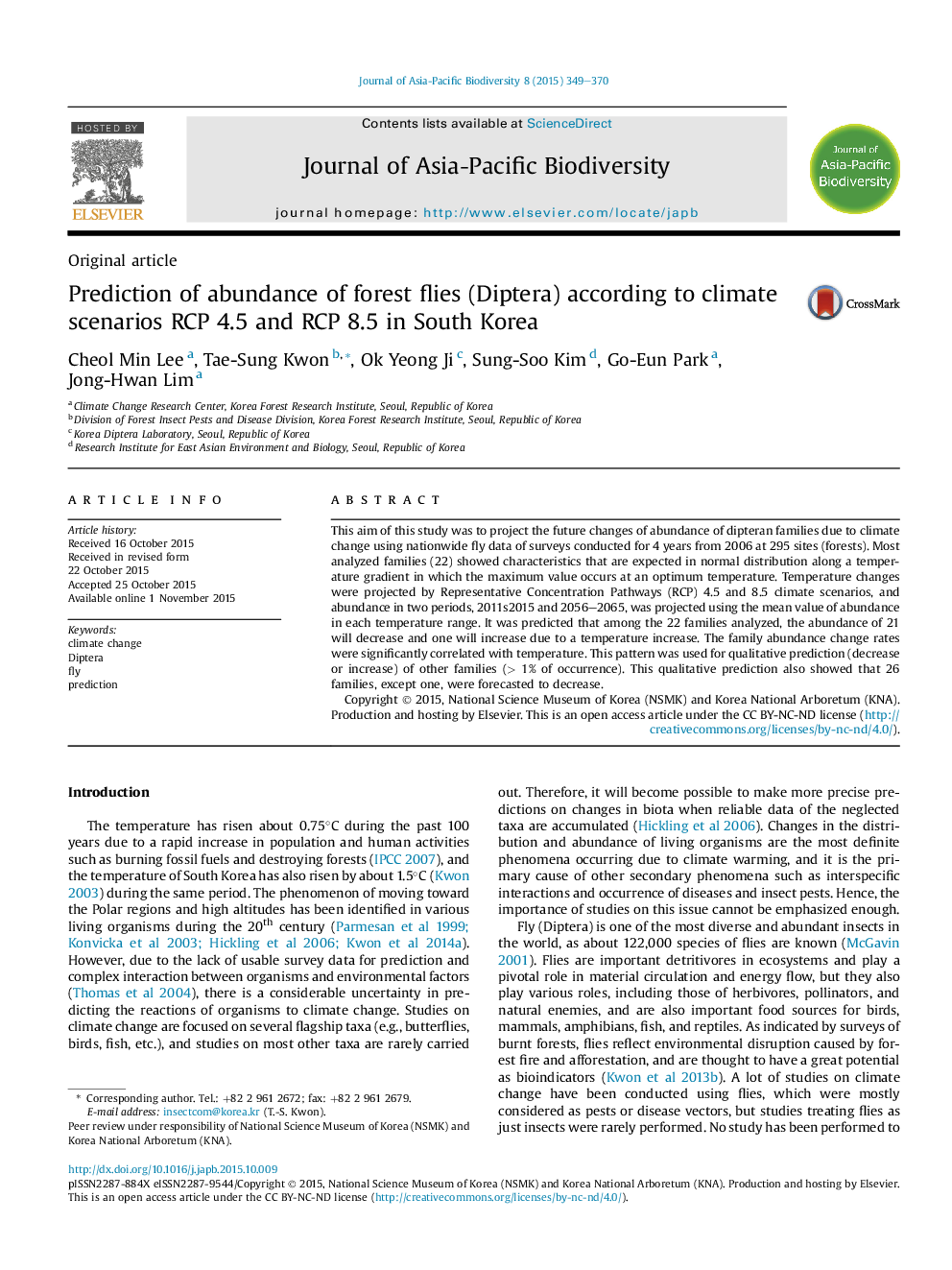 Prediction of abundance of forest flies (Diptera) according to climate scenarios RCP 4.5 and RCP 8.5 in South Korea 