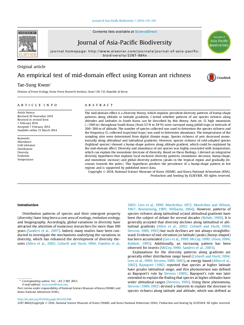 An empirical test of mid-domain effect using Korean ant richness