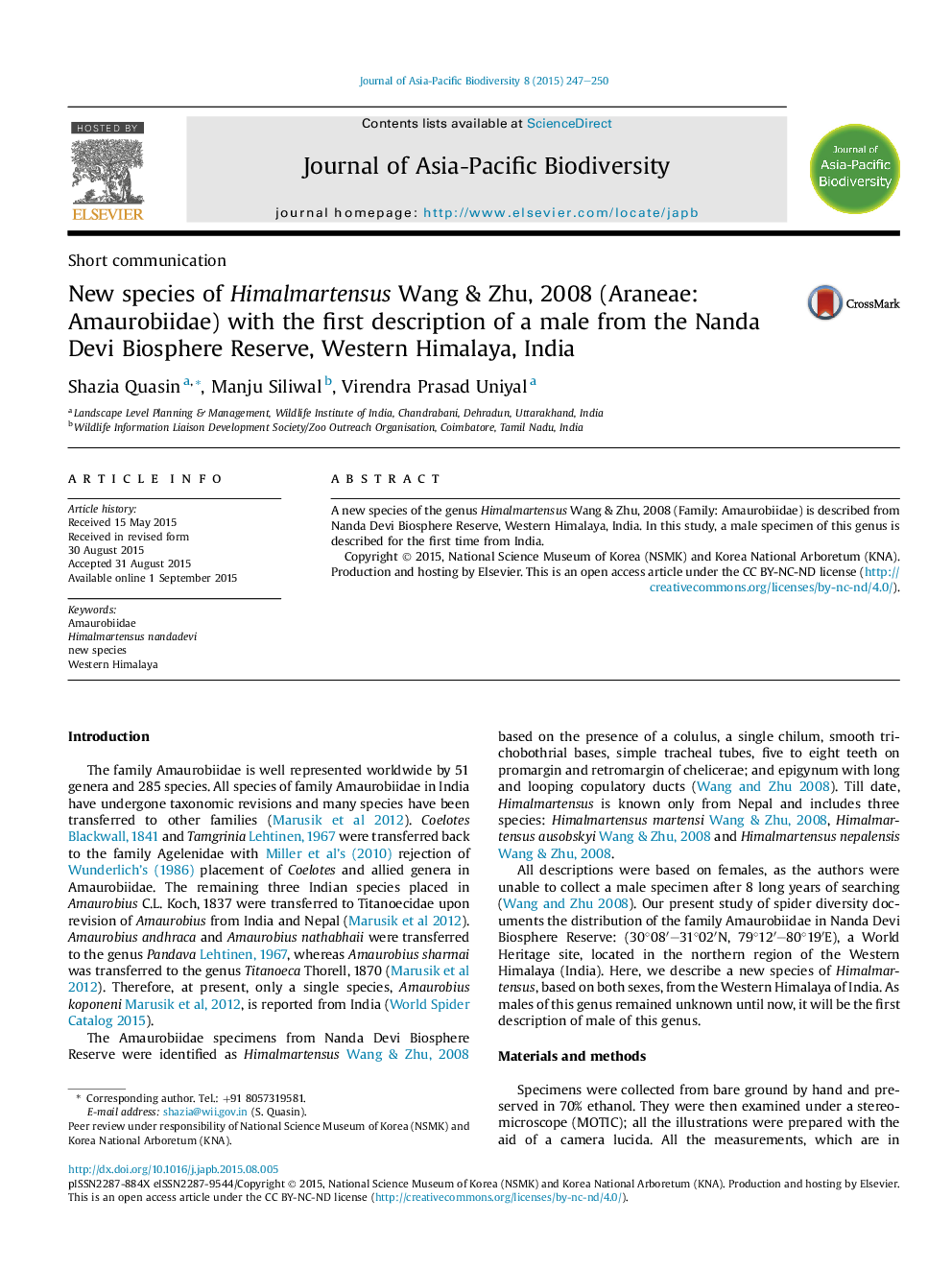 New species of Himalmartensus Wang & Zhu, 2008 (Araneae: Amaurobiidae) with the first description of a male from the Nanda Devi Biosphere Reserve, Western Himalaya, India 