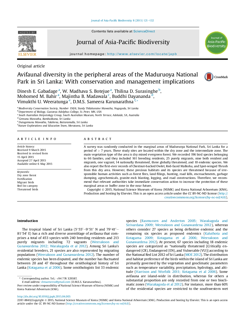 Avifaunal diversity in the peripheral areas of the Maduruoya National Park in Sri Lanka: With conservation and management implications 