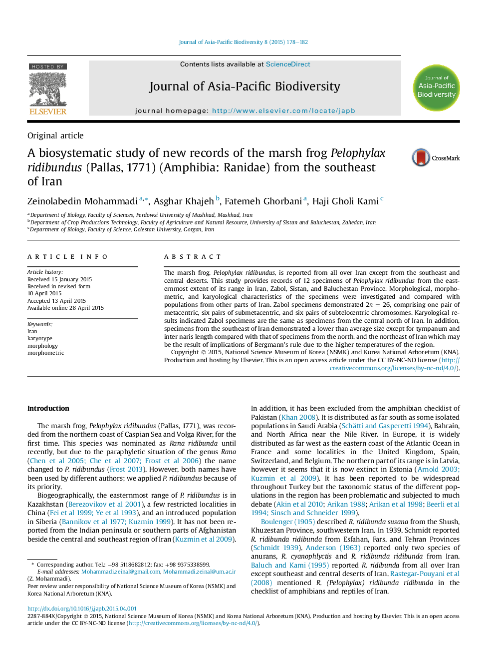 A biosystematic study of new records of the marsh frog Pelophylax ridibundus (Pallas, 1771) (Amphibia: Ranidae) from the southeast of Iran 